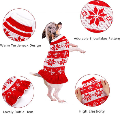 2 Pack Dog Christmas Dress Warm Dog Xmas Sweater Pet Christmas Clothes Stripes Dog Knit Sweater Dress Dog Winter Warm Pullover with Snowflakes and Christmas Flowers (S)