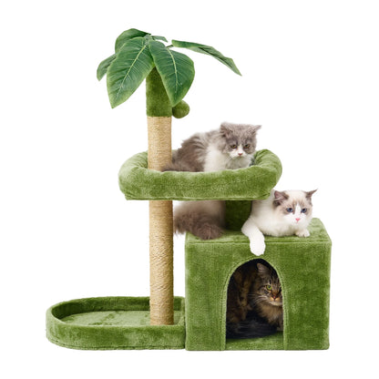 31.5" Cat Tree Cat Tower for Indoor Cats with Green Leaves, Cat Condo Cozy Plush Cat House with Hang Ball and Leaf Shape Design, Cat Furniture Pet House with Cat Scratching Posts, Green